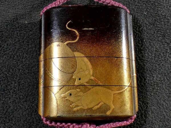 超特価SALE開催! 恵 #1063 】 出来見事! 金蒔絵の俵鼠文 内梨地 印籠 木製 人物 印籠