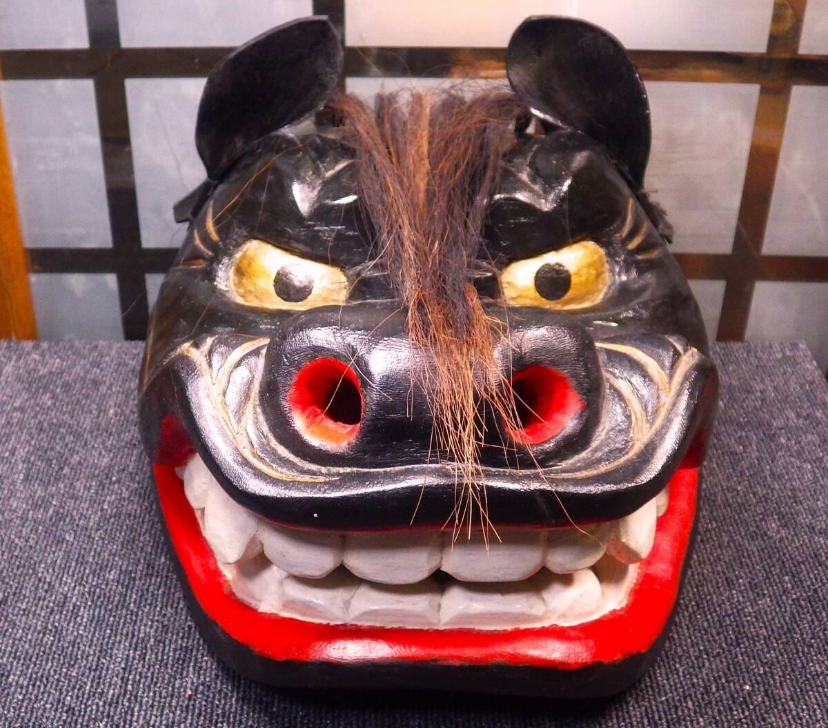 大型　木彫り　彩色　獅子頭　　黒獅子　伝統芸能　神楽　獅子舞_画像1
