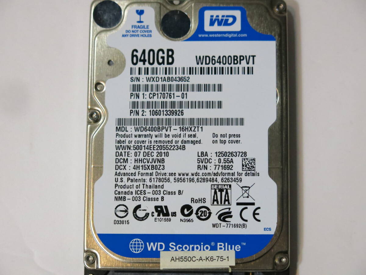 ◇送料185円 WDC WD6400BPVT 640GB 2.5インチHDD SATA◇1815の画像4