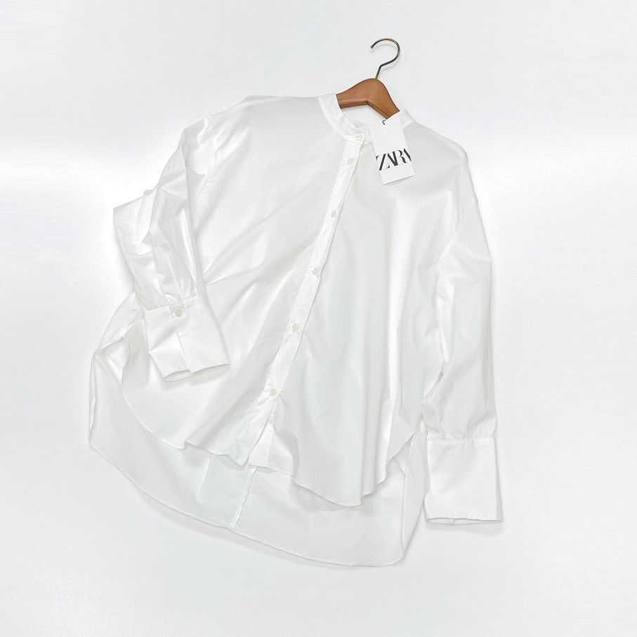 【M】ZARA ホワイト バンドカラーシャツ レディース タグ オフィスカジュアル トップス 通勤 大人可愛い白 羽織り ビジネス デイリー ザラ