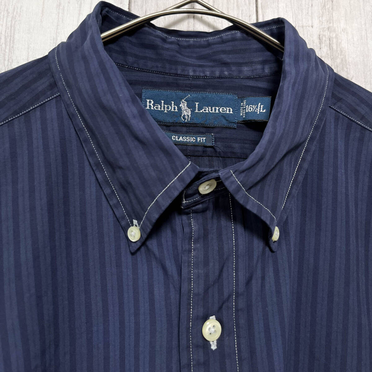 ラルフローレン Ralph Lauren CLASSIC FIT ストライプシャツ 長袖シャツ メンズ ワンポイント コットン100% サイズ16 1/2 Lサイズ 5‐456_画像5