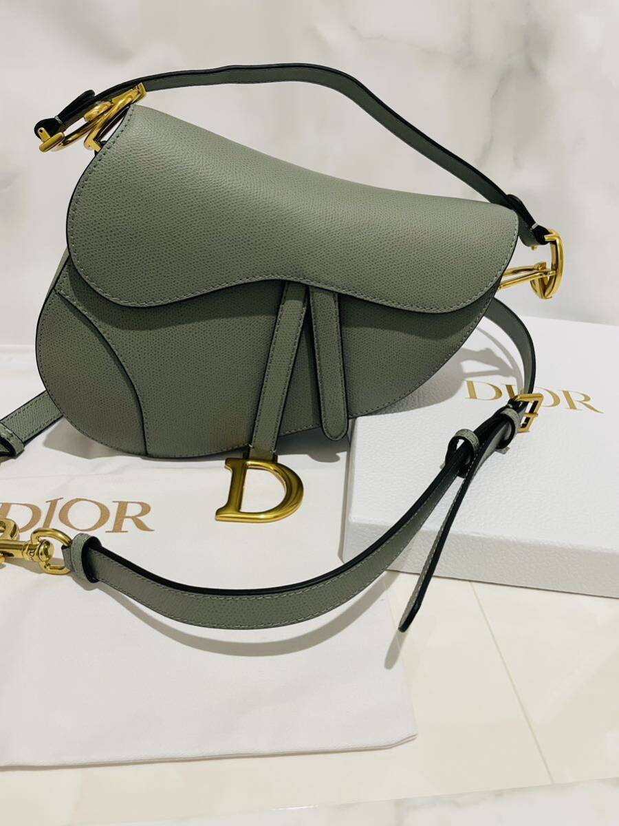 中古◎保存箱 保存袋付 Christian Dior ディオール サドルバッグ CD ロゴ ブルーグレー ミニ ハンドバッグ レザーの画像1