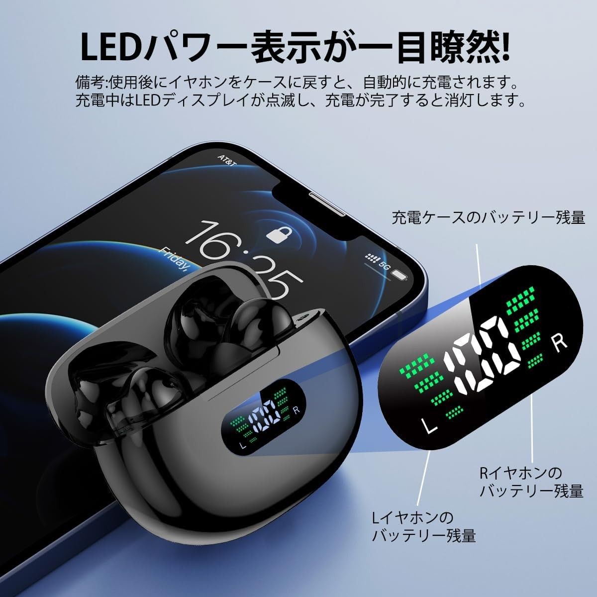 ワイヤレスイヤホン Bluetooth5.3+EDR搭載 カナル型 LED　黒