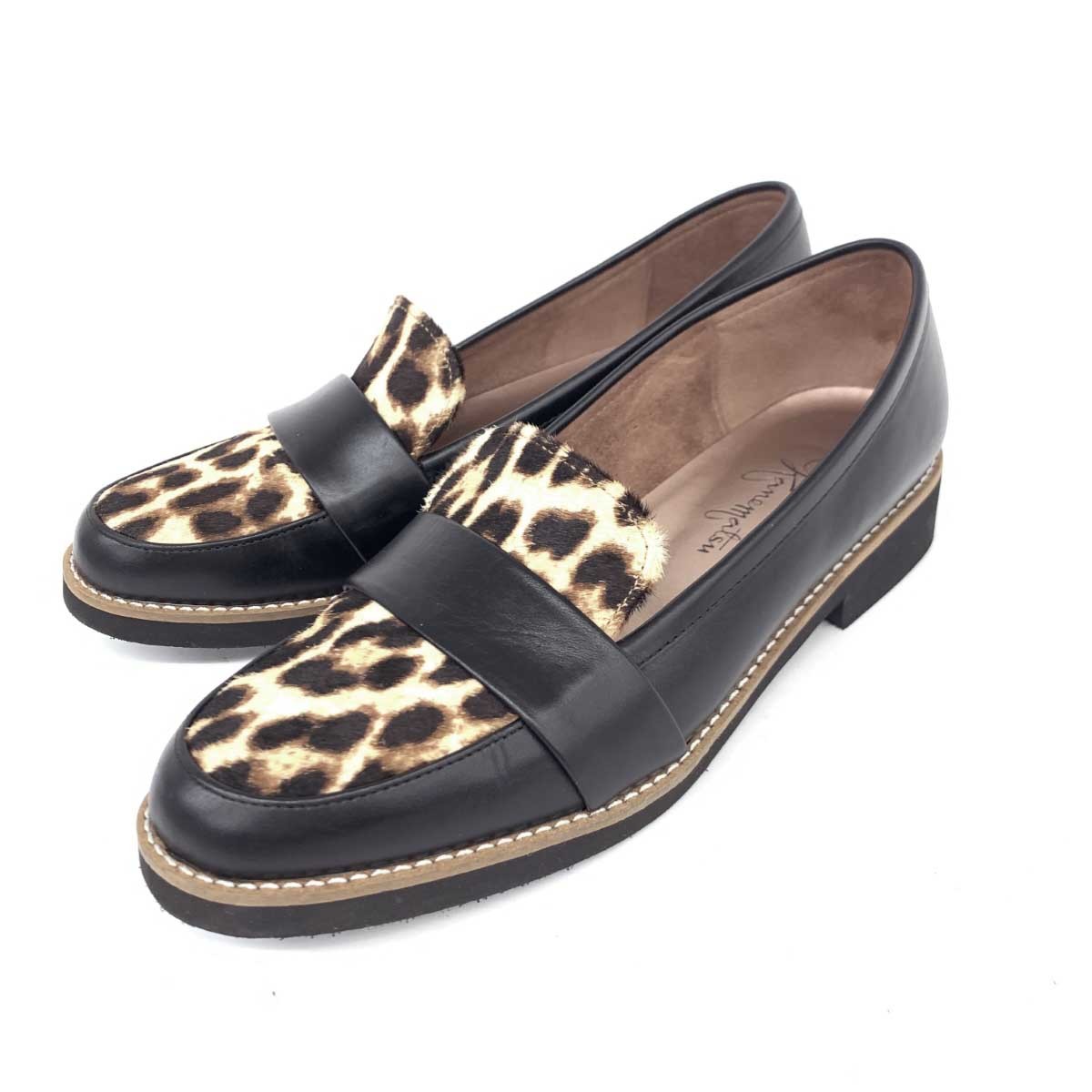  excellent * Ginza Kanematsu silver The kanematsu Loafer 23 1/2* black is lako Leopard pattern lady's shoes shoes shoes