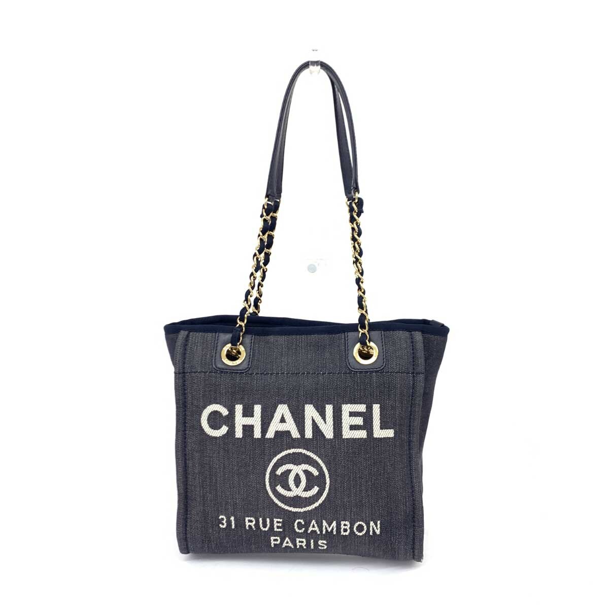 良好◆CHANEL シャネル ドーヴィルライン チェーントートバッグPM◆A669939 17647287 ネイビー デニム レディース 肩掛け bag 鞄_画像1