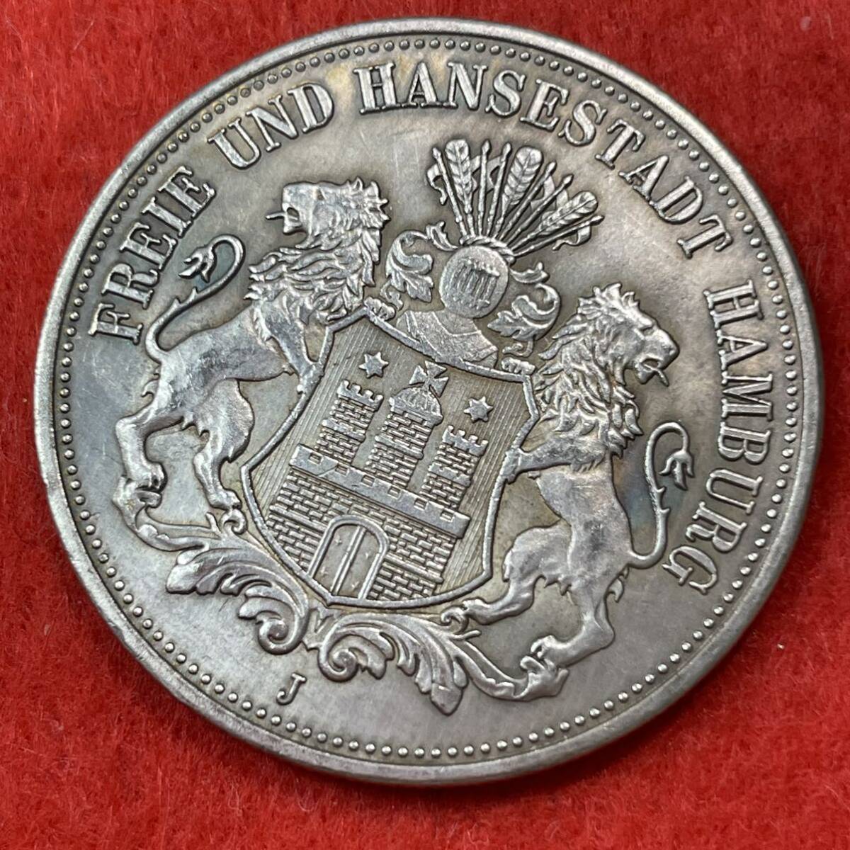 ドイツ 硬貨 古銭 ハンブルク州 1896年 ハンブルク州紋章 キャット・キャッスル マルク 国章 双頭の鷲 コイン 重20.48g 銀貨 _画像1