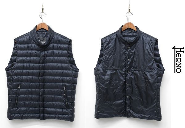 HGD-B355/ beautiful goods HERNO hell no down vest reversible light weight nylon Logo plate 54 XXXL navy blue large size 