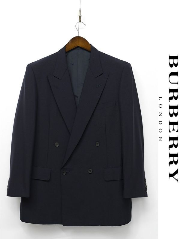 L328/ヴィンテージ 90s BURBERRY LONDON PRESTIGE COLLECTION ダブルジャケット テーラードジャケット ブレザー モヘヤ 背抜き AB7 L 濃紺