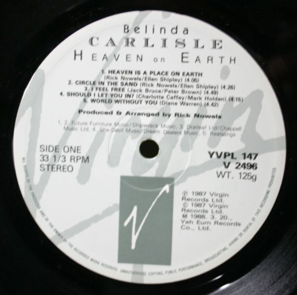 韓国盤LP：ベリンダ・カーライル「HEAVEN ON EARTH」 Belinda Carlisle_画像3