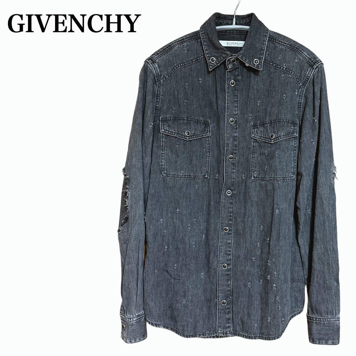 状態良 GIVENCHY ジバンシー クロスダメージ ウエスタンシャツ 長袖 シャツ リペア加工 サンプル メンズ