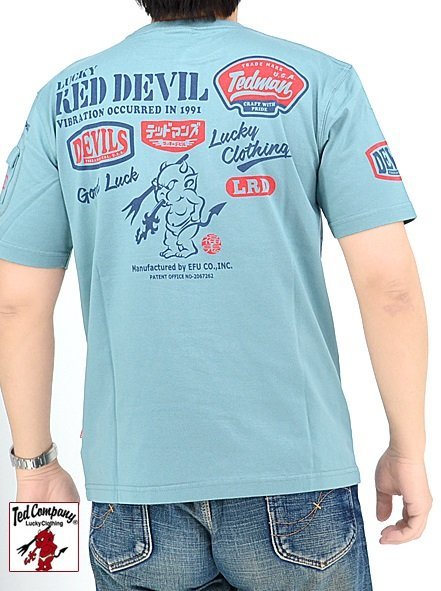 RED DEVILロゴデザイン半袖Tシャツ◆TEDMAN/テッドマン ブルーグリーンSサイズ（サイズ38）TDSS-566 エフ商会 アメカジ efu 赤鬼_画像1