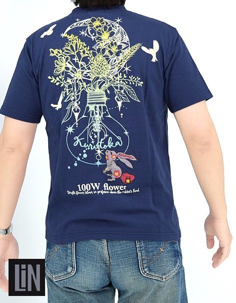 黒菟華 100Wの花半袖Tシャツ◆LIN ネイビーLサイズ AL-759066 兎 うさぎ 和柄 和風 ユニセックス_画像1