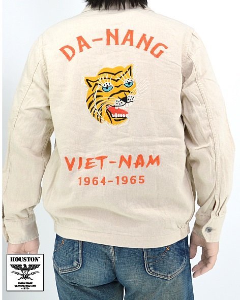 コットンリネンベトナムジャケット「TIGER」◆HOUSTON ナチュラルLサイズ 51353 ヒューストン ベトジャン トラ 虎 刺繍 和柄 アメカジ
