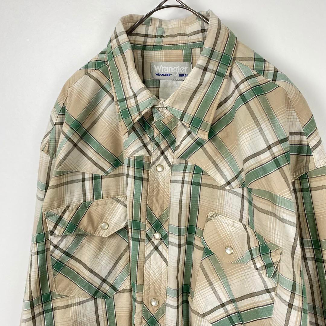 90s ラングラー チェックシャツ ウエスタン 古着 柄 緑 XL_画像2