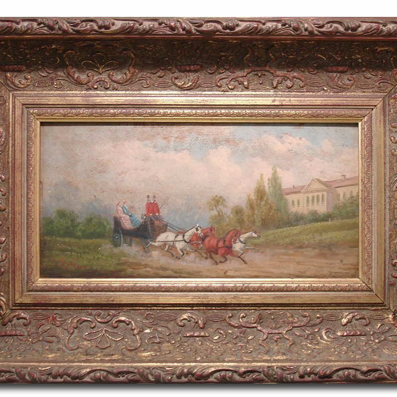慶應◆19世紀 イタリア画家【T.Stoni】筆 板に油彩 馬車と貴婦人 豪華時代額装_画像1