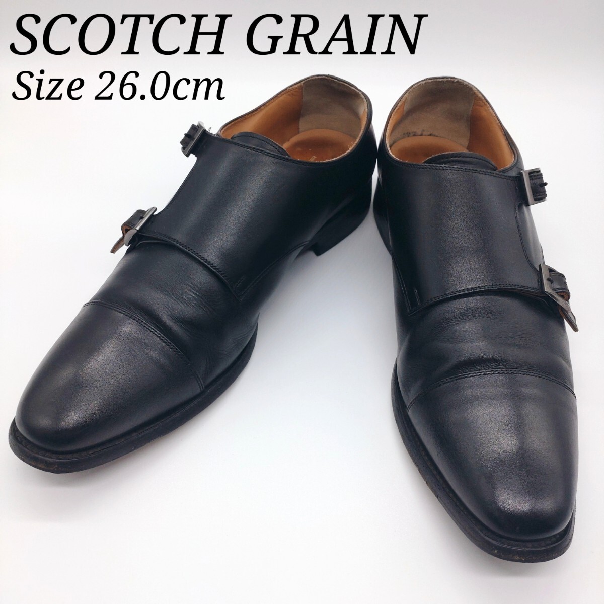 スコッチグレイン SCOTCH GRAIN ビジネスシューズ 26.0cm ダブルモンク ストレートチップ 日本製 T0297 HIROKAWA 革靴レザー ブラック 黒色