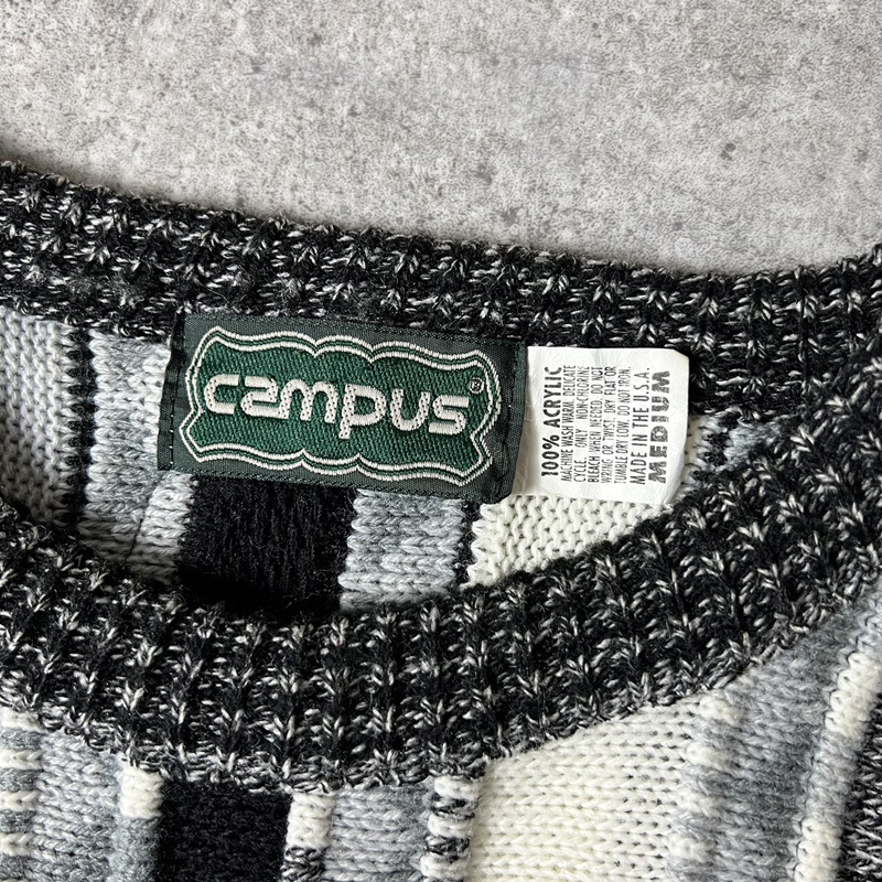 90s USA製 CAMPUS 総柄 3D 立体編み アクリル ニット セーター M / 90年代 アメリカ製 オールド マルチカラー キャンパス_画像3