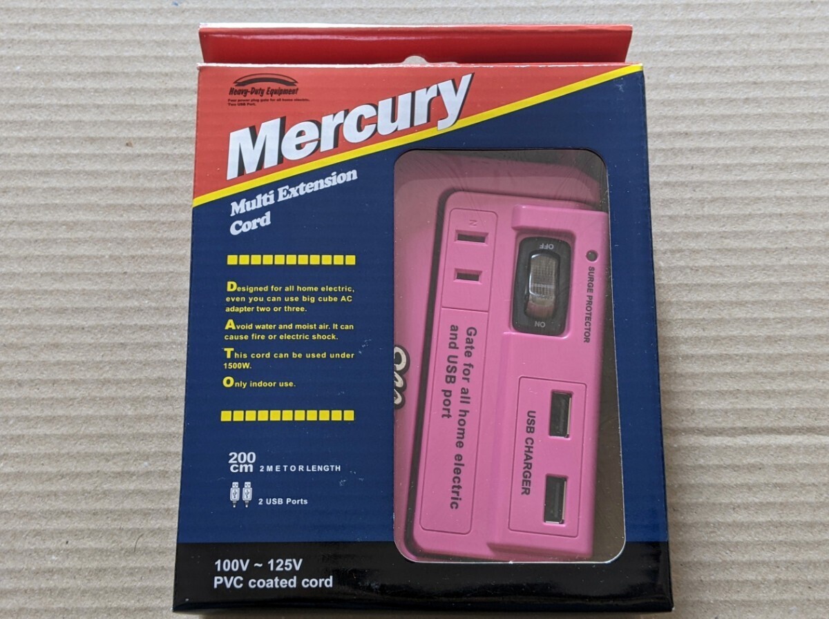 ● MERCURY/マーキュリー　電気・電源タップ/延長コード USBポート付(ピンク)_画像1