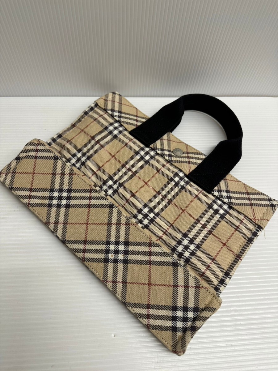 NA★1円〜中古品 BURBERRY バーバリー ブルーレーベル チェック柄 ハンドバッグ 綿 ベージュ 底汚れあり 縦約22cm 横30cm_画像3