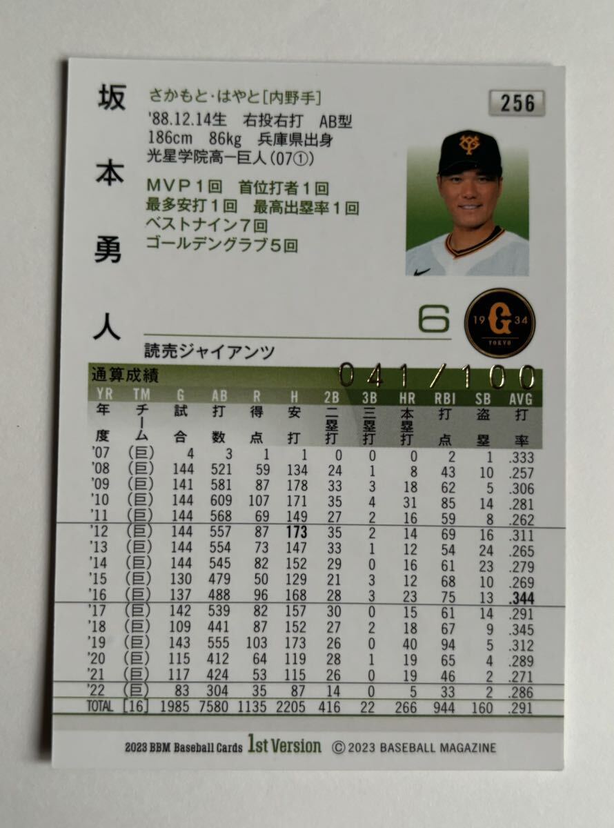 2023 BBM 1st 坂本勇人 読売ジャイアンツ 金箔サイン　100枚限定カード　41/100_画像2