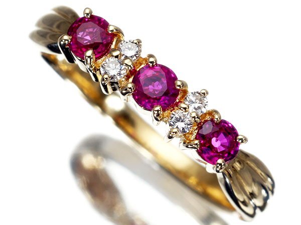 【ジュエリー極】綺麗なピンキッシュレッド！天然ルビー＆ダイヤモンド0.06ct 高級K18YGリング a882vg【送料無料】