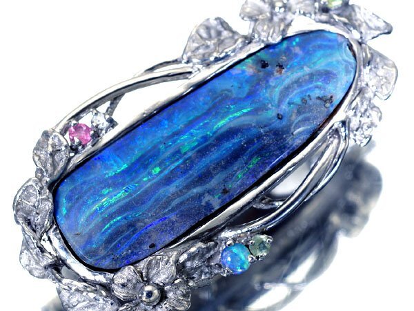 【ジュエリー極】超大粒良質天然ボルダーオパール11.75ct＆マルチ宝石＆ダイヤ0.04ct 高級K18WGヘッド兼ブローチ h6531ro【送料無料】_画像1