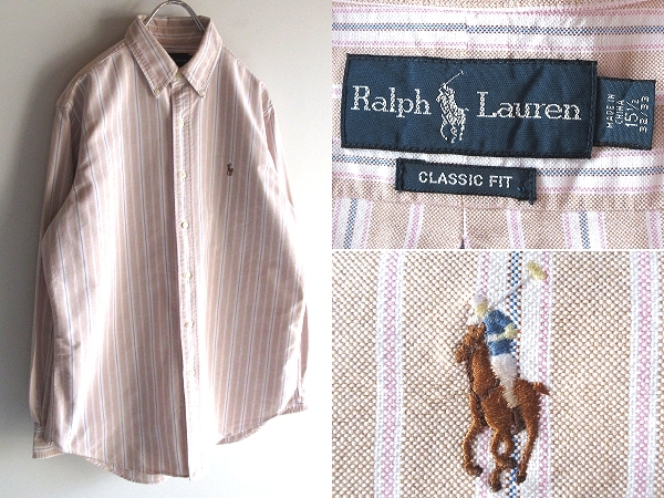 希少 90sビンテージ Ralph Lauren ラルフローレン ポロポニーロゴ刺繍 ストライプ オックスフォード BDシャツ 15H ベージュ USA企画_画像1