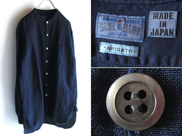 BLUE BLUE JAPAN ブルーブルー 製品染 リネンレーヨンシルク バンドカラーシャツ 2/M 藍色 インディゴ 日本製 ハリウッドランチマーケット_画像1