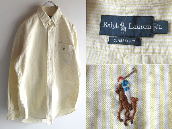 希少 00sビンテージ Ralph Lauren ラルフローレン CLASSIC FIT ポロポニーロゴ刺繍 ストライプオックスフォード BDシャツ L イエロー 黄 白