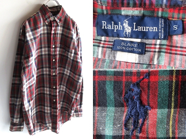 希少 90sビンテージ Ralph Lauren ラルフローレン BLAIRE ポロポニーロゴ刺繍 コットン チェック BDシャツ S レッド グリーン USA企画_画像1