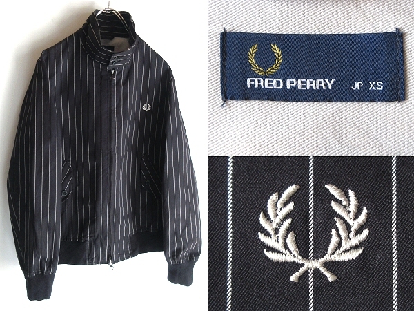 FRED PERRY フレッドペリー ローレルロゴ刺繍 ダブルジップ ピンストライプ柄 コットン ハリントンジャケット ブルゾン XS ブラック 黒 白_画像1