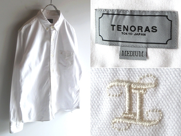 希少 TENORAS ティノラス ロゴ刺繍 コットン オックスフォード BDシャツ ボタンダウンシャツ M 白 ホワイト 日本製 ネコポス対応_画像1