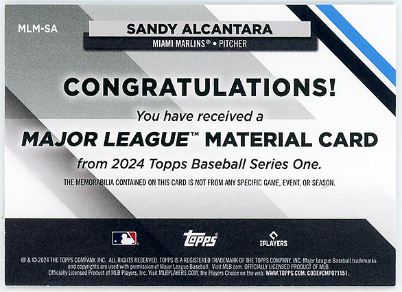 MARLINS右腕▲SANDY ALCANTARA最新2024 TOPPS1 MAJOR LEAGUE MATERIALジャージ!の画像2