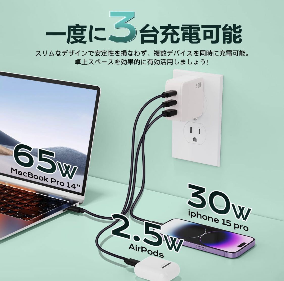 PD USB充電器 65W Type C 急速充電器 PD対応 USB-C×2 & USB A 3ポート折りたたみ式プラグ