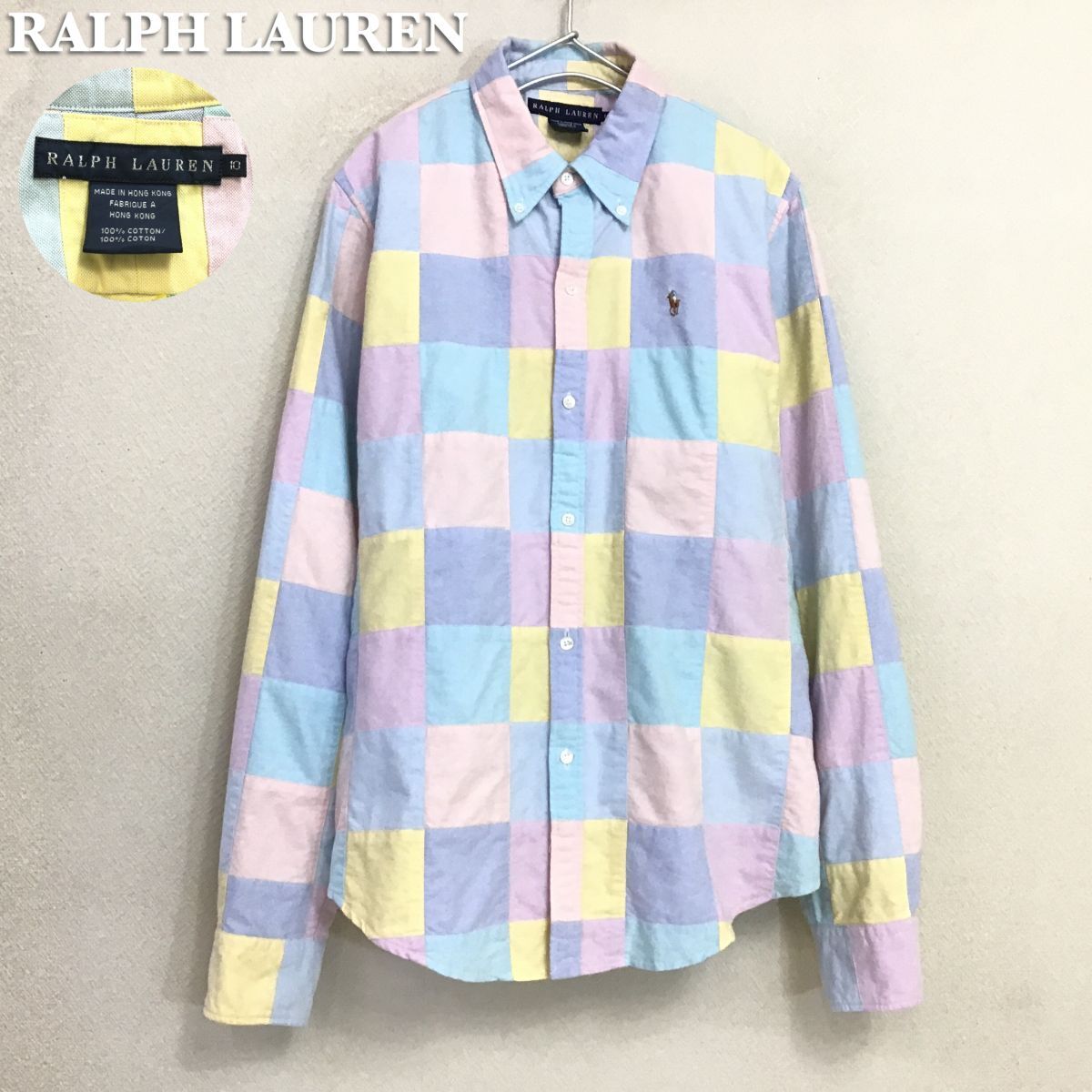 ★状態良好!!★正規品★[RALPH LAUREN ラルフローレン]オックスフォード パッチワーク 長袖 ボタンダウンシャツ[L]パステル 稀少 K2-431