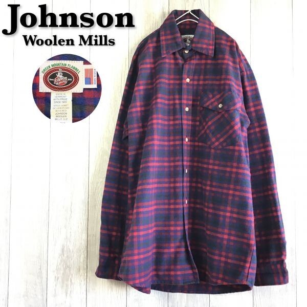 ★USA製★正規品★【JOHNSON WOOLEN MILLS ジョンソンウーレンミルズ】チェック柄 コットン フランネルシャツ[L]赤 青 アウトドア K-513