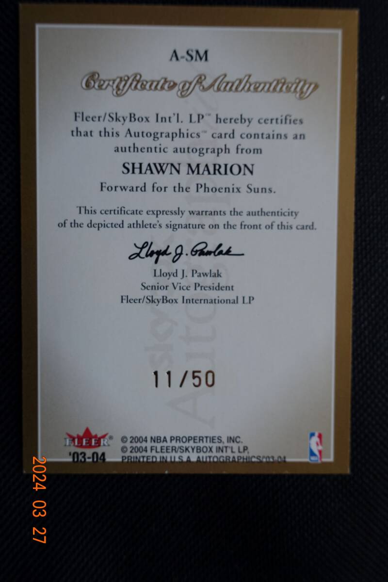 Shawn Marion 2003-04 Skybox Autographics Autographs Gold #11/50_画像2