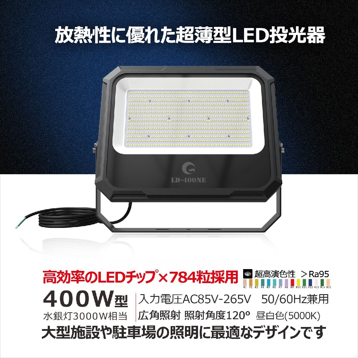 GOODGOODS LED投光器 大型 400W 42000lm 屋外用 防水 IP66 超爆光 極薄 広角120° 高演色 アース線付 スポットライト 駐車場 看板灯