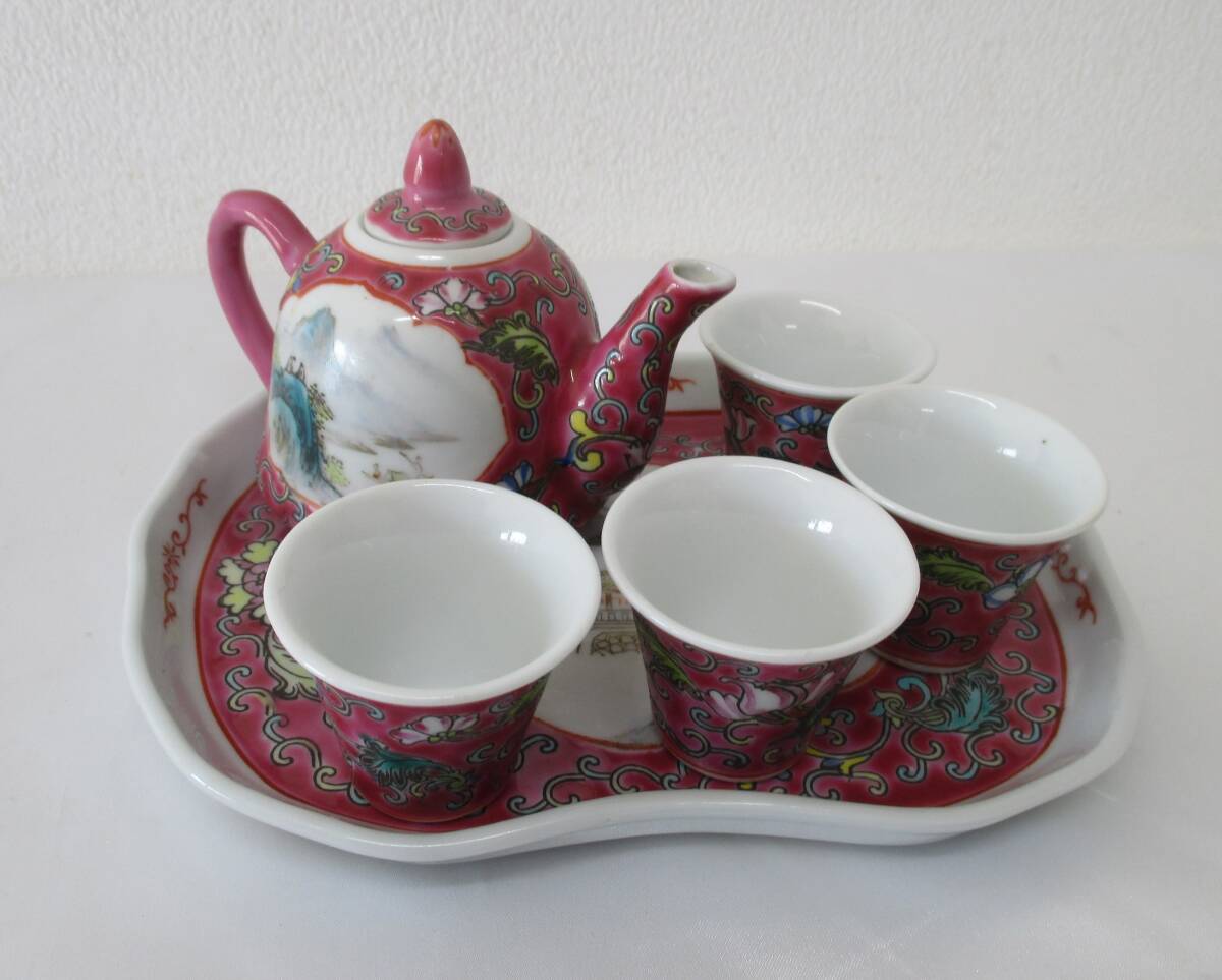 中国茶器 景徳鎮 急須 湯呑 4客 盆 茶器 色絵の画像1