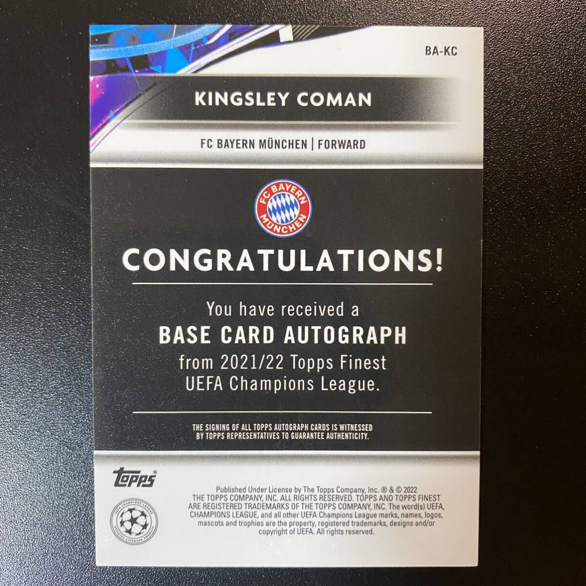 2021-22 Topps Finest Kingsley Coman Auto Refractor Bayern Munchen 直筆サインカード キングスレイ・コマンの画像2