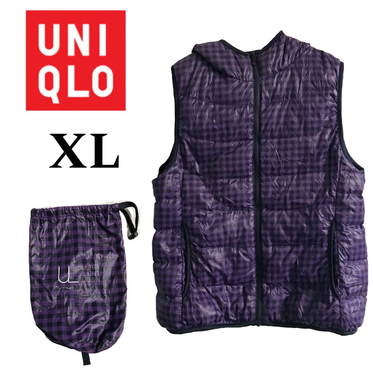 ユニクロ UNIQLO ダウンベスト チェック 紫 フード付き ジップアップ パーカー コンパクトダウン ノースリーブ XL