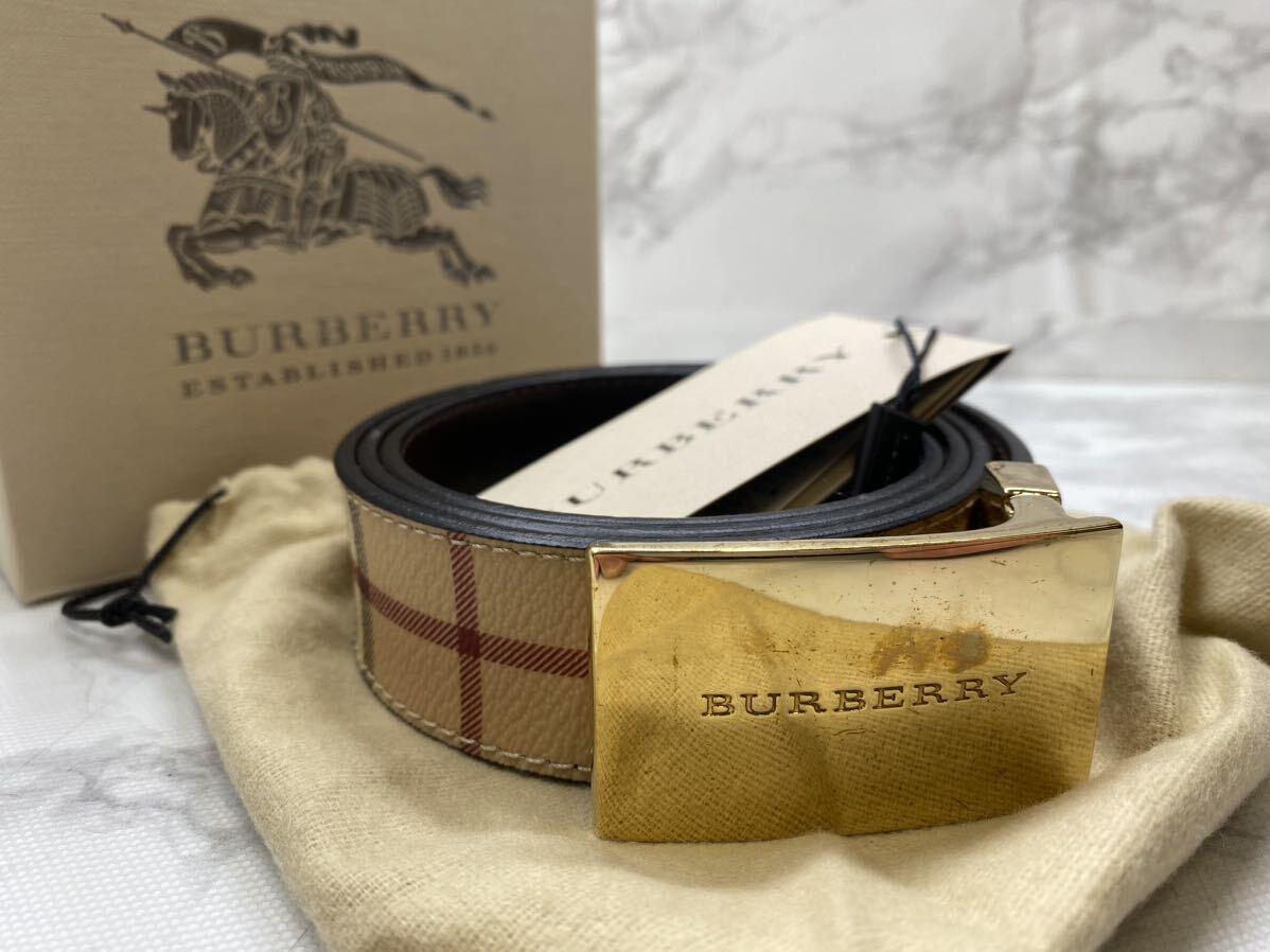 43122【自宅保管品】BURBERRY バーバリー ベルト ノバチェック ゴールドバックル 牛革×PVC 保存袋 タグ 箱付