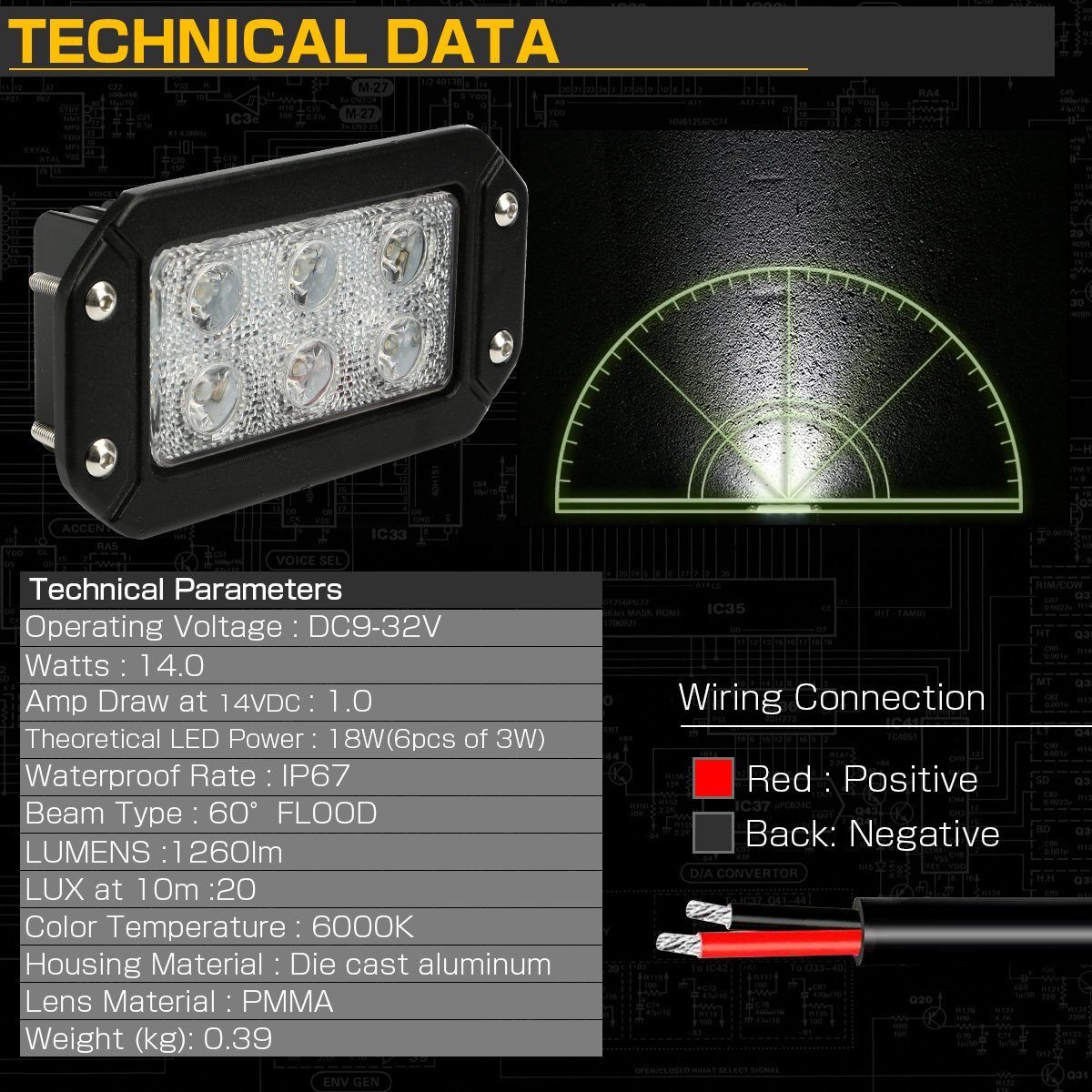 埋め込み型 LED 作業灯 18W 角型 フォグランプ バックランプ 補助灯 ワークライトに 12V/24V 防水 IP67 P-548_画像3