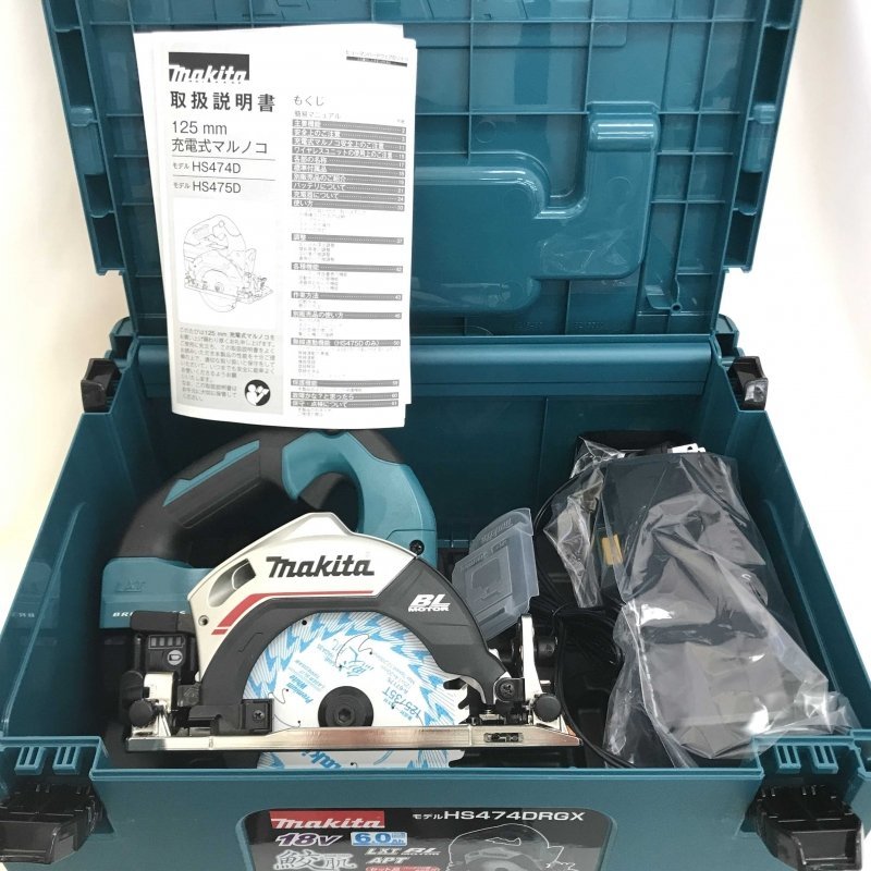 未使用 ｍａｋｉｔａ マキタ ＨＳ４７４ＤＲＧＸ ６．０Ａｈ 充電式 マルノコ １２５ｍｍ １８Ｖ バッテリ２個 充電器 電動工具/225