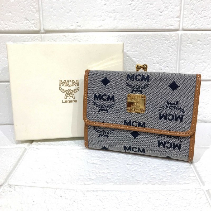 美品 ＭＣＭ ウォレット レディース デニム ゴールドロゴ エムシーエム ２つ折り財布 グレー キャメル キャンバス 鞄/269