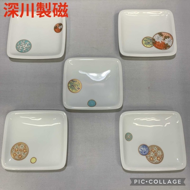 【未使用】 深川製磁 宮内庁御用達 １３００－２３８ 和柄 赤寿絵 角銘々皿揃 ５枚セット 絵変り角皿 小皿 和食器 ギフト/247_画像1