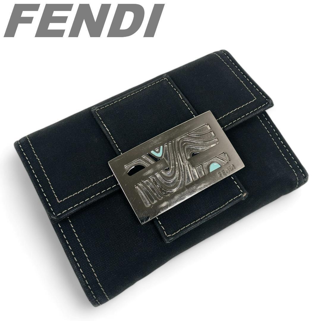 FENDI フェンディ 三つ折り財布 コンパクトウォレット 財布 キャンバス シルバーロゴ シルバー金具 デカロゴ メンズ ユニセックス ブラック_画像1