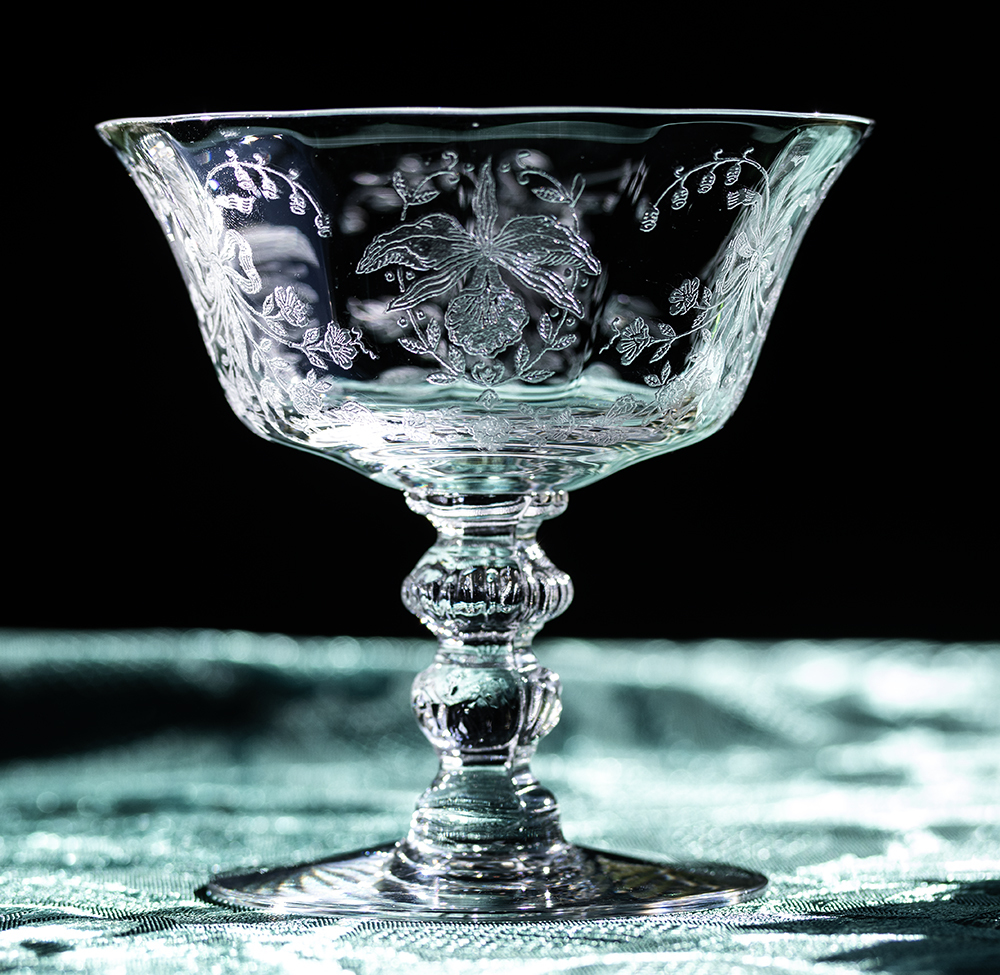 1940年～ ヘイシー グラス オーキッド 蘭 エッチング クリスタル シャンパン カクテルグラス 花 ラン アンティーク シャーベットグラス 酒の画像1