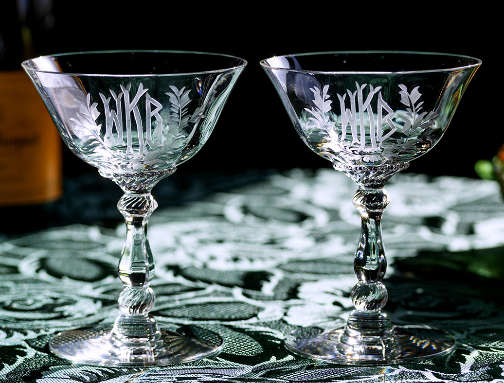 ビンテージ クリスタル WKB エッチング シャンパン カクテルグラス 2脚セット シャーベットグラス 酒 デザートグラスの画像1