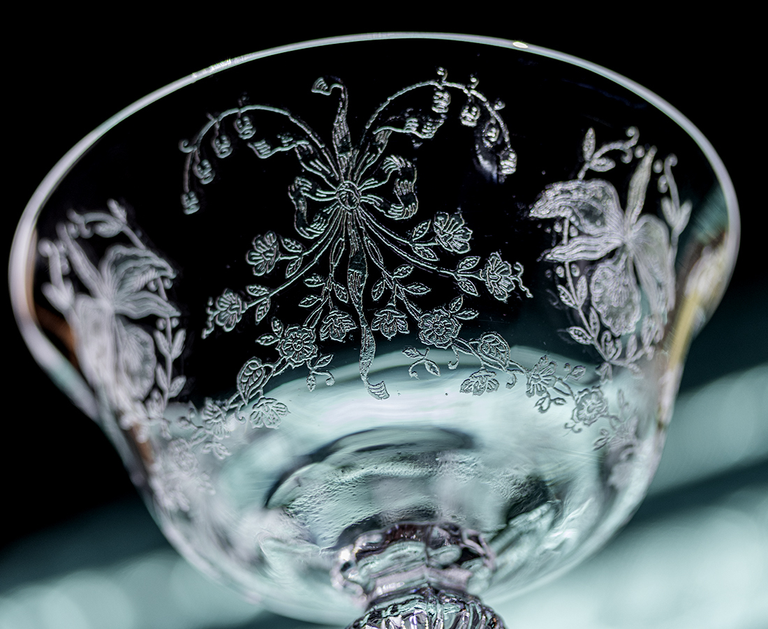 1940年～ ヘイシー グラス オーキッド 蘭 エッチング クリスタル シャンパン カクテルグラス 花 ラン アンティーク 酒 シャーベットグラスの画像3